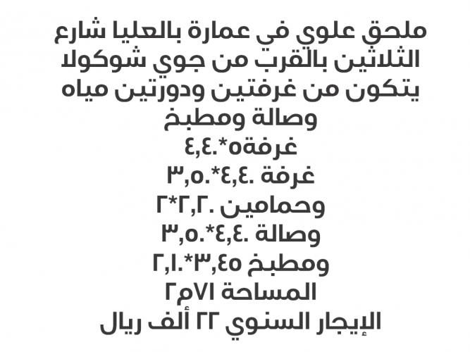  ملحق علوي شقة للإيجار شارع الثلاثين العليا